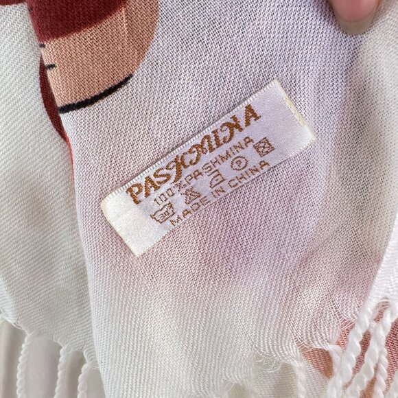 Pashmina Shawl/Scarf 100% Pashmina Wool White Floral Knit Tassle Size 76" x 26" - Picture 7 of 7